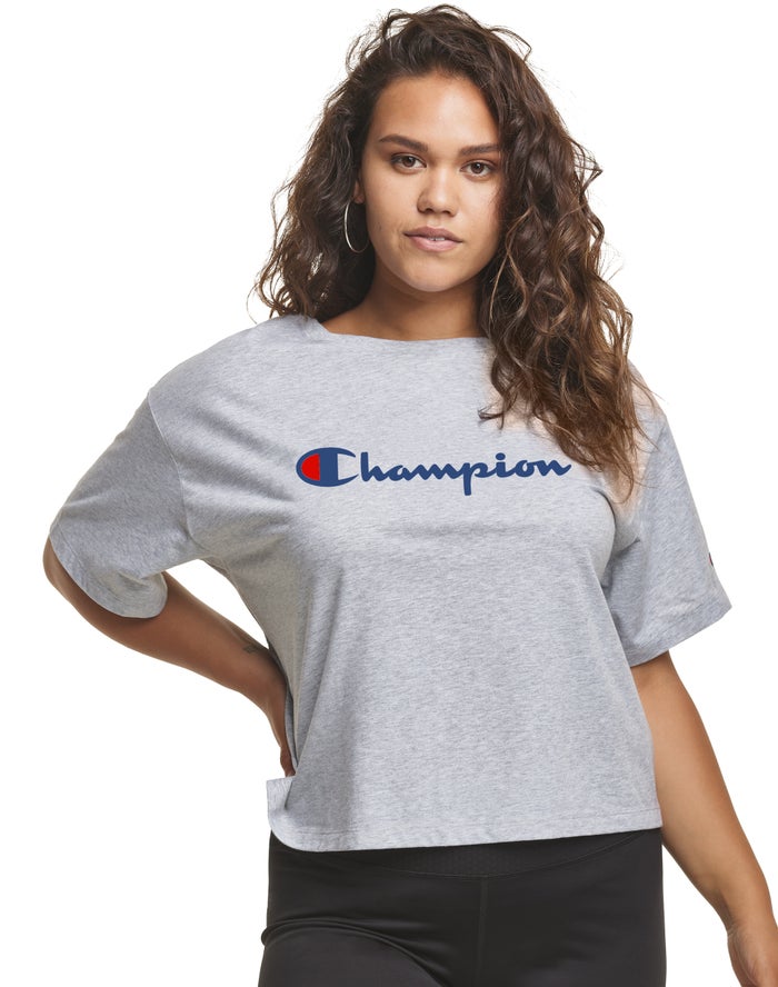 Champion Plus Cropped Script C Logo Kadın Tişört Gri ( ANKTOW329 )